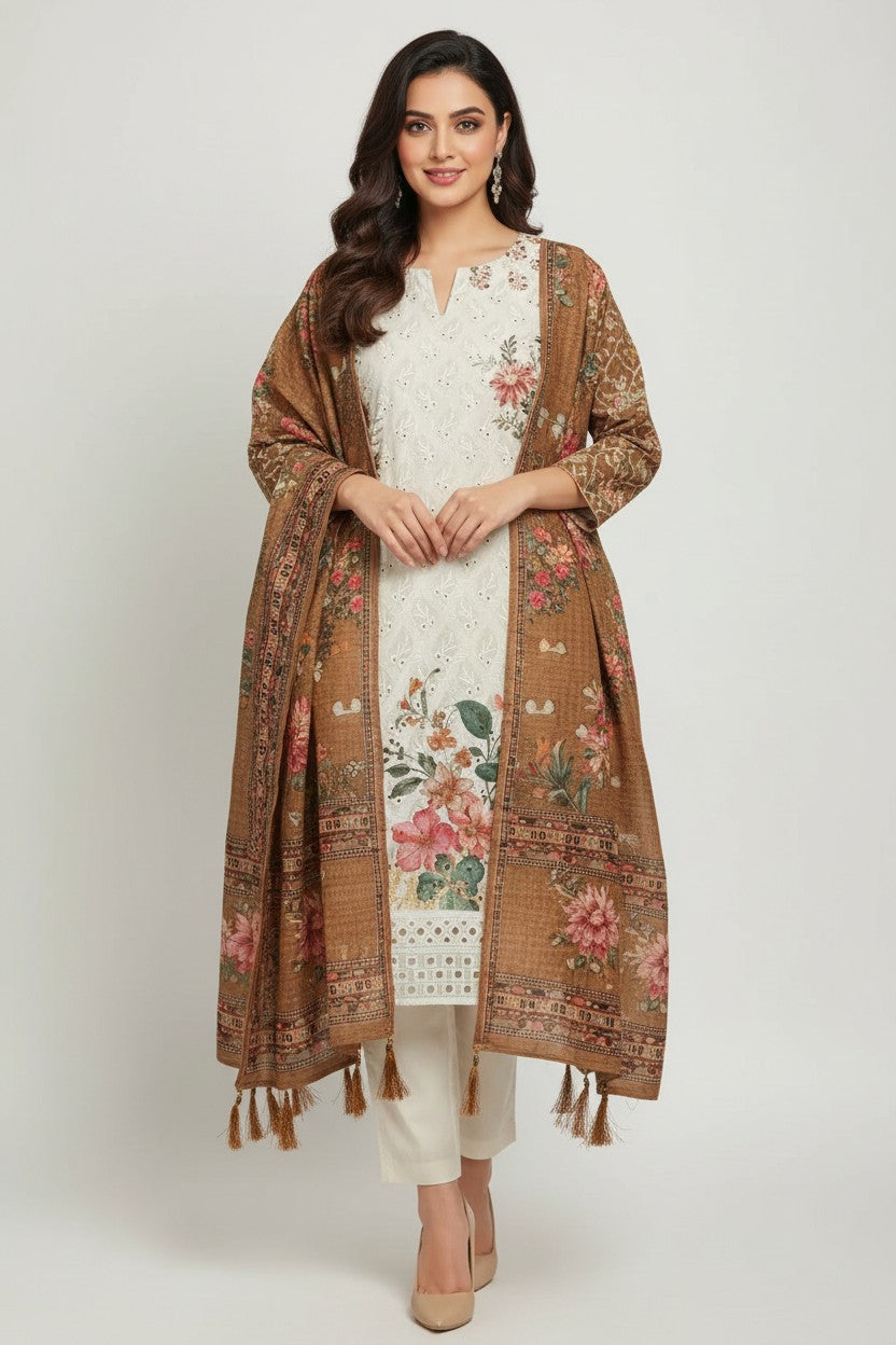 Contemporary Pure Cotton Straight Cut Salwar Suit - Off White/Green | Rangoli