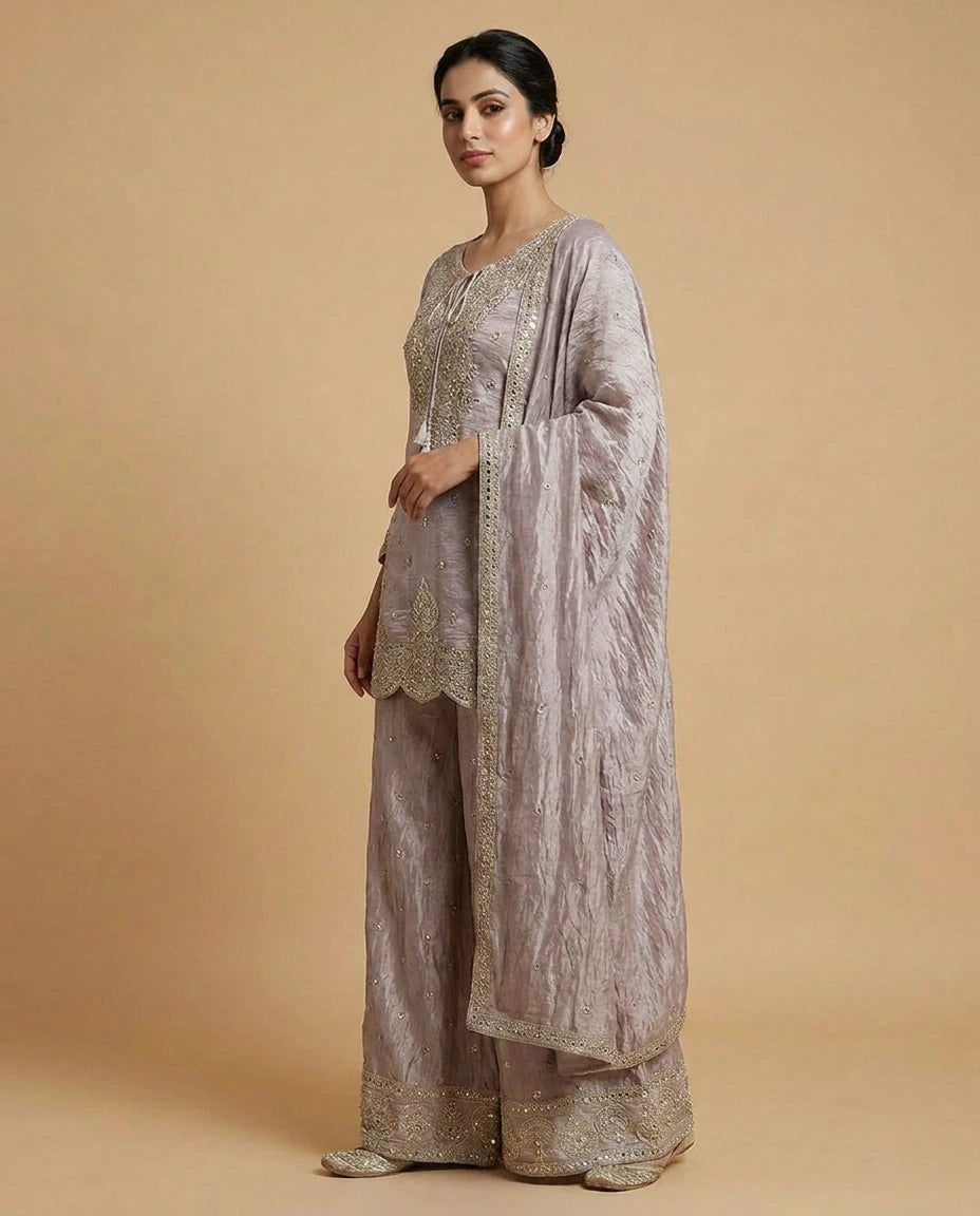 Tissue Sharara Suit with Hand Embroidered Neckline Online India - Rangoli India