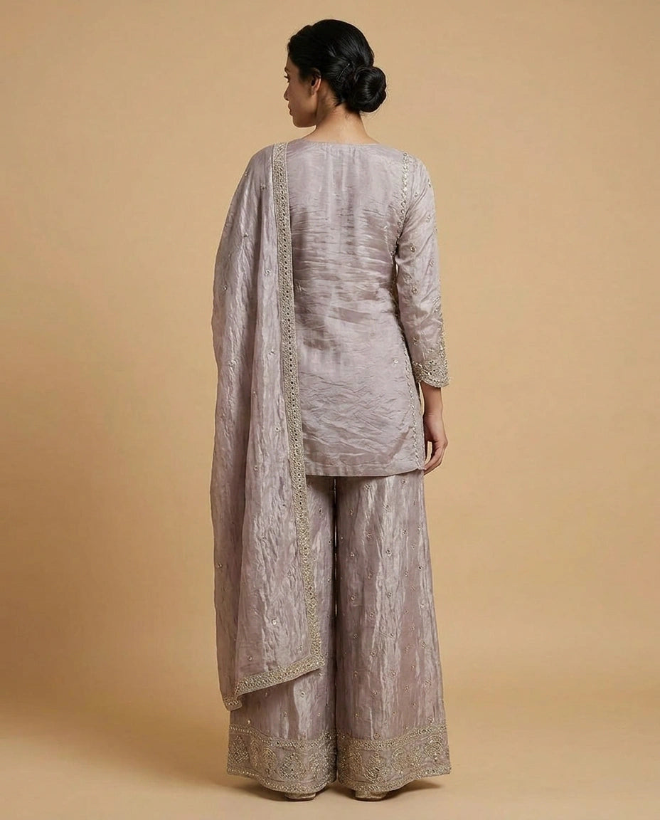 Tissue Sharara Suit with Hand Embroidered Neckline Online India - Rangoli India