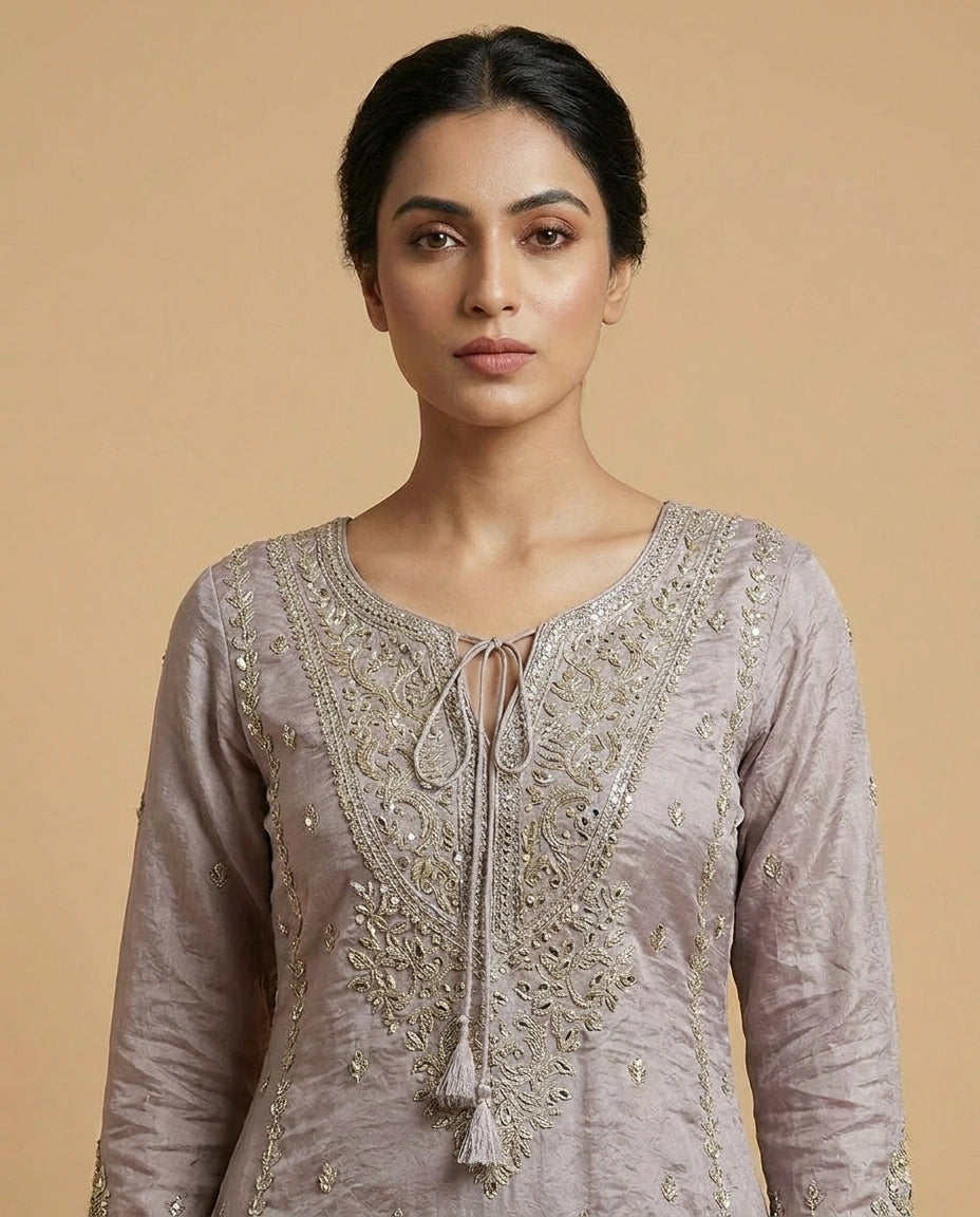 Tissue Sharara Suit with Hand Embroidered Neckline Online India - Rangoli India