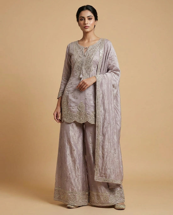 Tissue Sharara Suit with Hand Embroidered Neckline Online India - Rangoli India