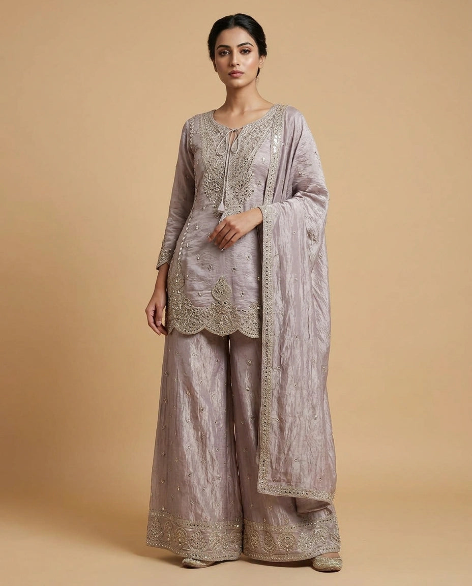 Tissue Sharara Suit with Hand Embroidered Neckline Online India - Rangoli India