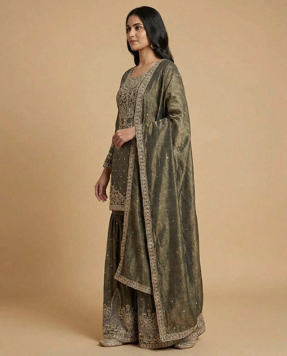 Crushed Tissue Sharara Suit with Embroidered Yoke and Dupatta - Rangoli India