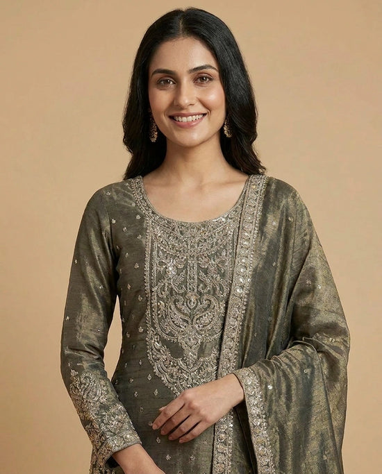 Crushed Tissue Sharara Suit with Embroidered Yoke