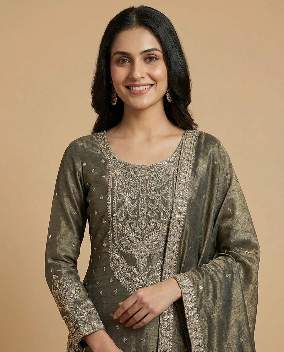 Crushed Tissue Sharara Suit with Embroidered Yoke and Dupatta - Rangoli India