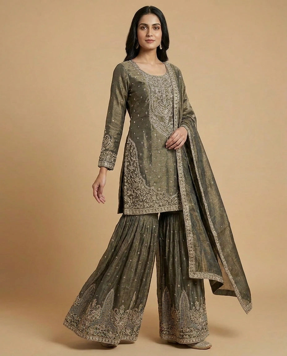 Crushed Tissue Sharara Suit with Embroidered Yoke and Dupatta - Rangoli India