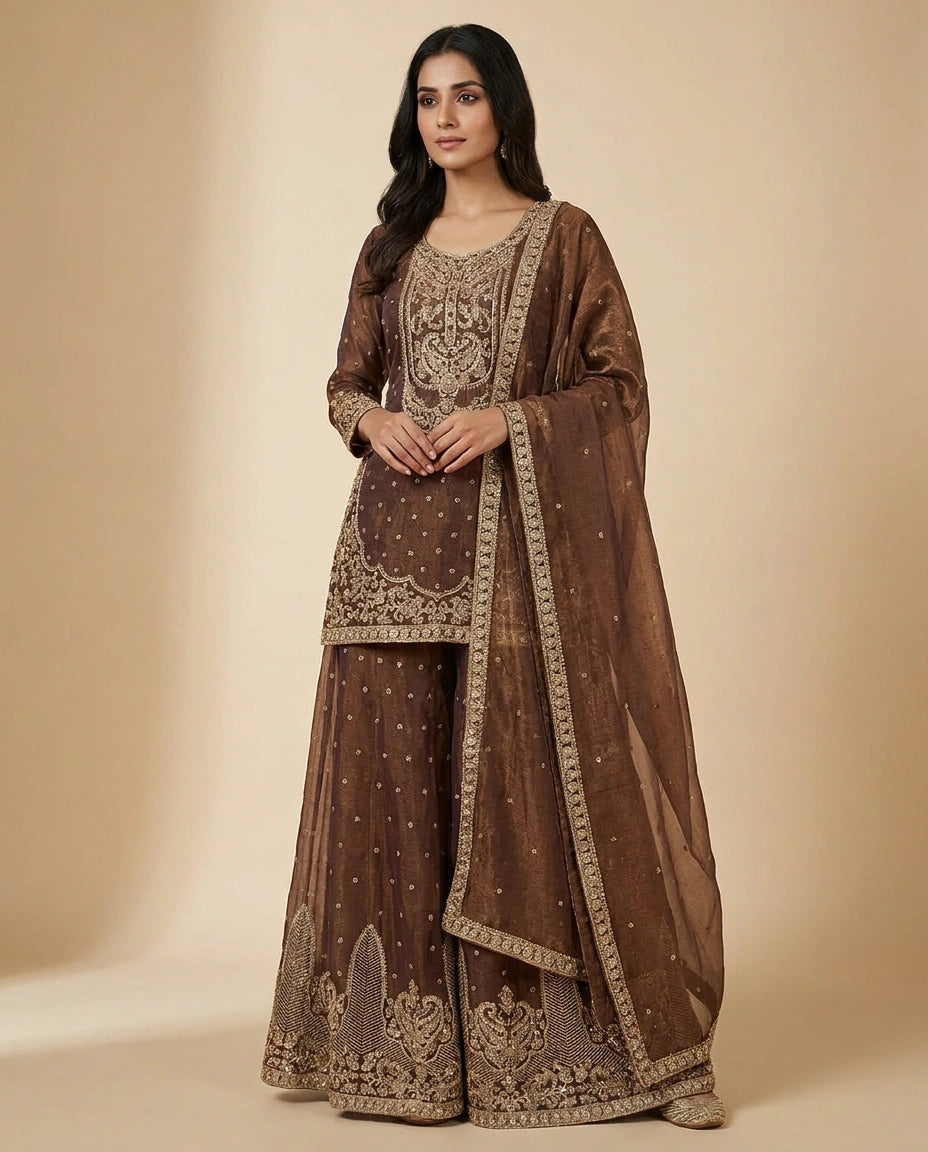 Crushed Tissue Sharara Suit with Embroidered Yoke and Dupatta - Rangoli India