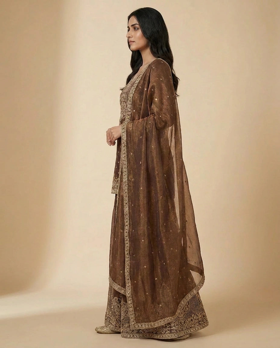 Crushed Tissue Sharara Suit with Embroidered Yoke and Dupatta - Rangoli India
