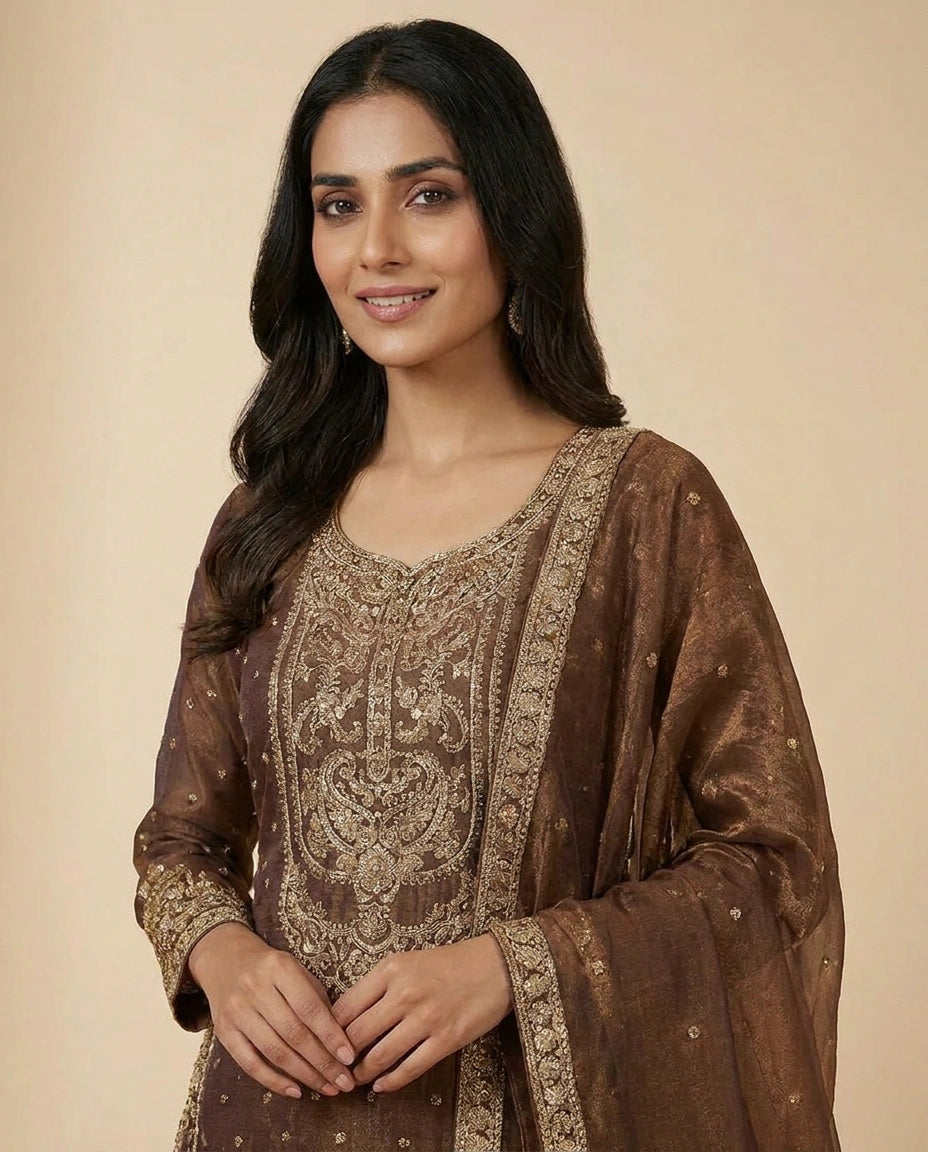 Crushed Tissue Sharara Suit with Embroidered Yoke and Dupatta - Rangoli India