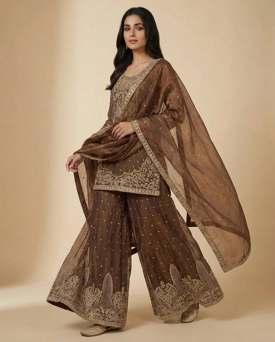 Crushed Tissue Sharara Suit with Embroidered Yoke and Dupatta - Rangoli India
