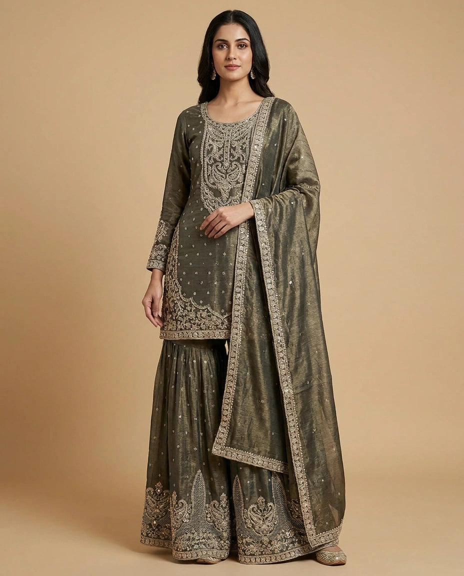 Crushed Tissue Sharara Suit with Embroidered Yoke and Dupatta - Rangoli India