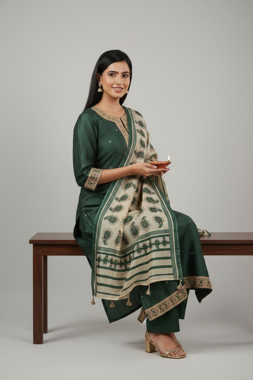 Contemporary Vichitra Silk Straight Cut Salwar Suit - Bottle Green | Rangoli