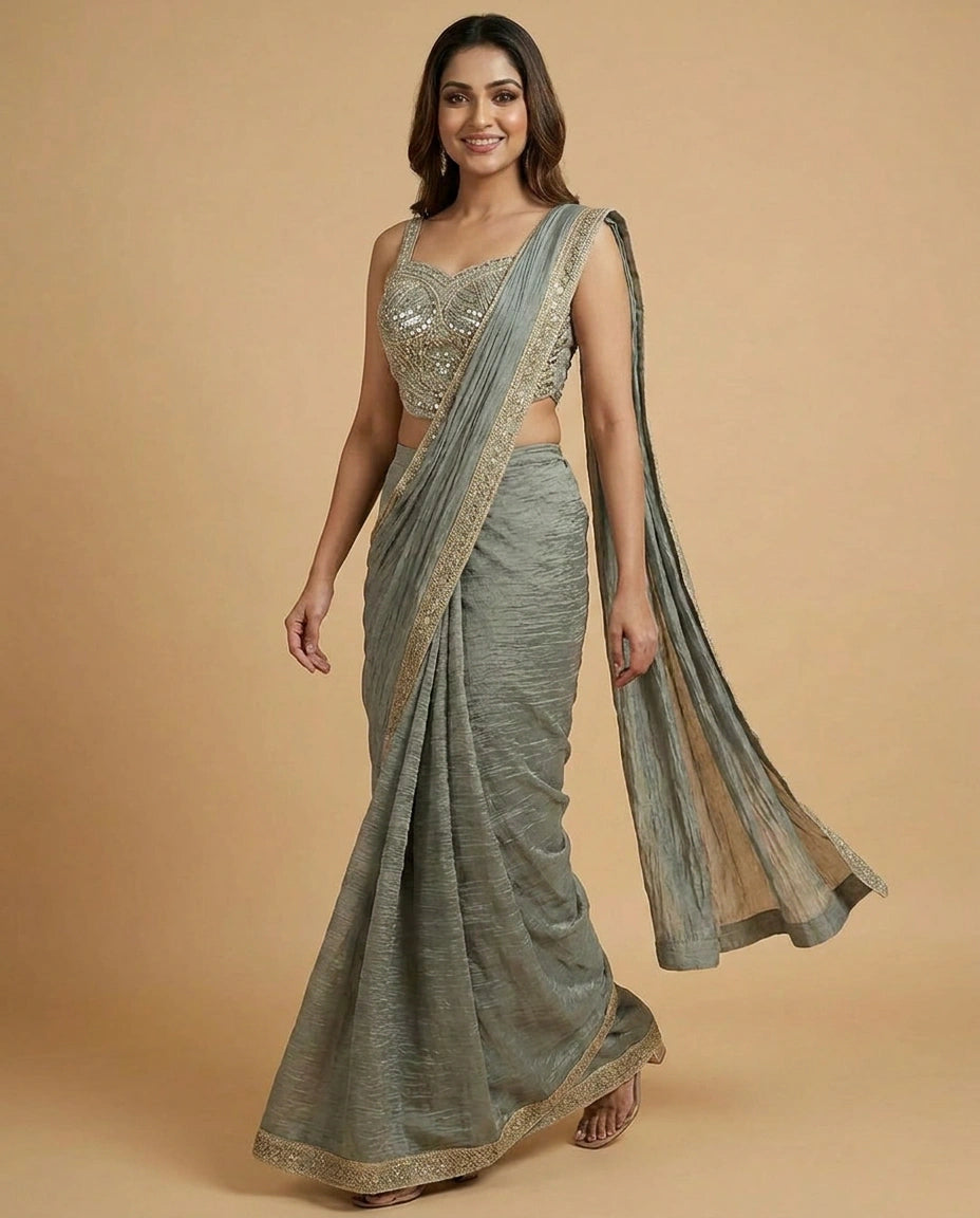 Organza Pre-Draped Saree with Designer Blouse for Women - Rangoli India