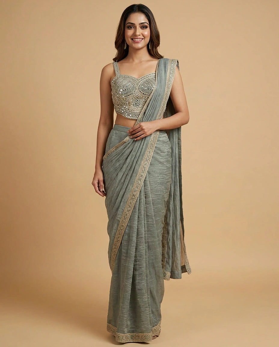 Organza Pre-Draped Saree with Designer Blouse for Women - Rangoli India