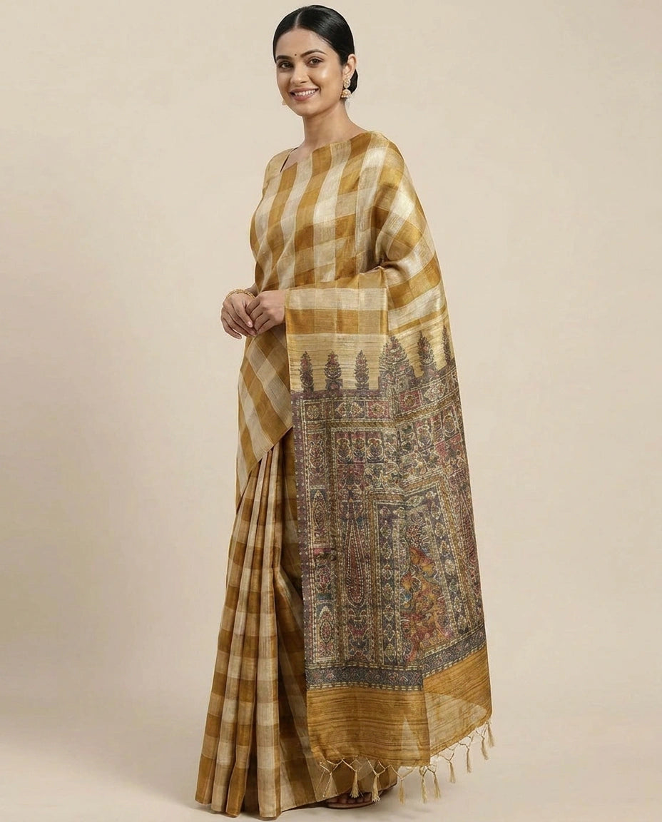 Printed Saree in Tussar Silk - Rangoli India