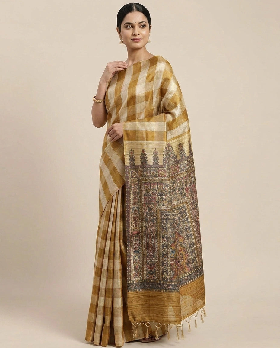 Printed Saree in Tussar Silk - Rangoli India