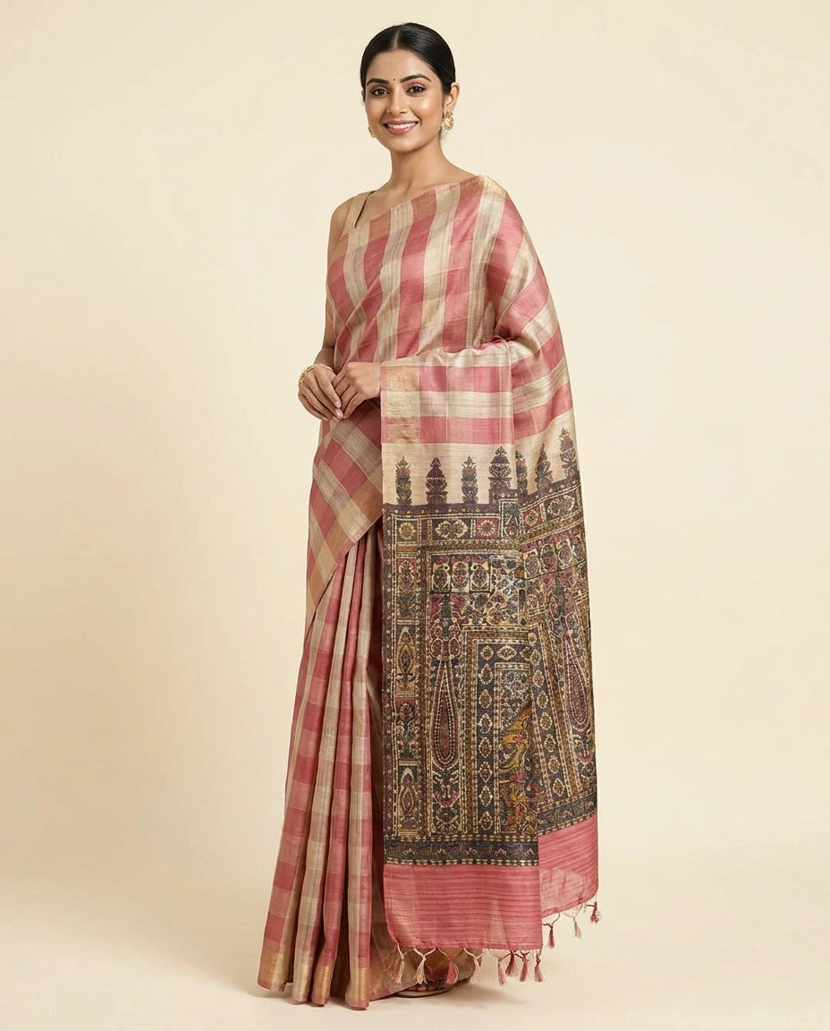 Printed Saree in Tussar Silk - Rangoli India