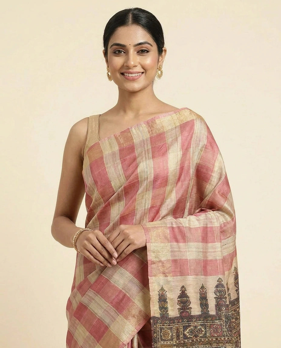 Printed Saree in Tussar Silk - Rangoli India