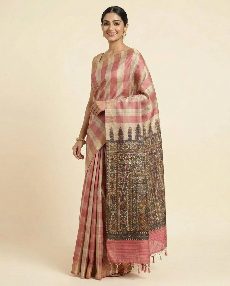 Printed Saree in Tussar Silk - Rangoli India