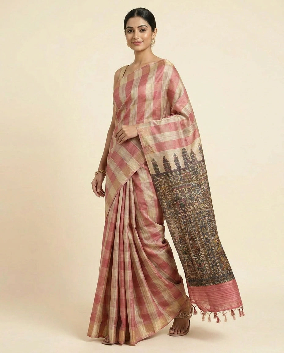 Printed Saree in Tussar Silk - Rangoli India