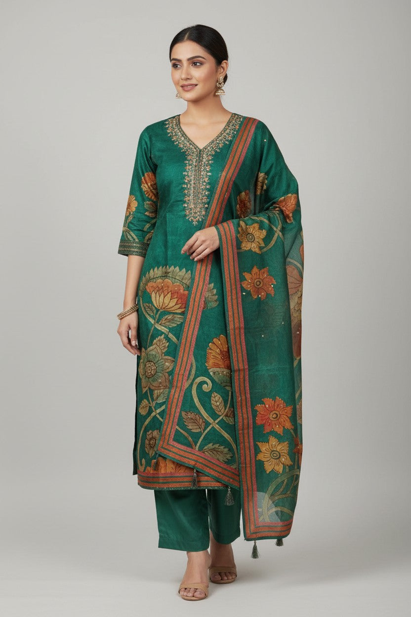 Contemporary Dola Silk Straight Cut Salwar Suit - Rani | Rangoli