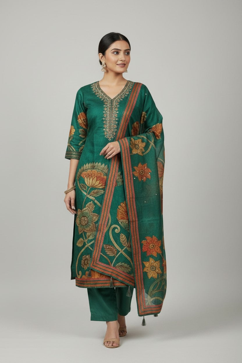 Contemporary Dola Silk Straight Cut Salwar Suit - Rust | Rangoli