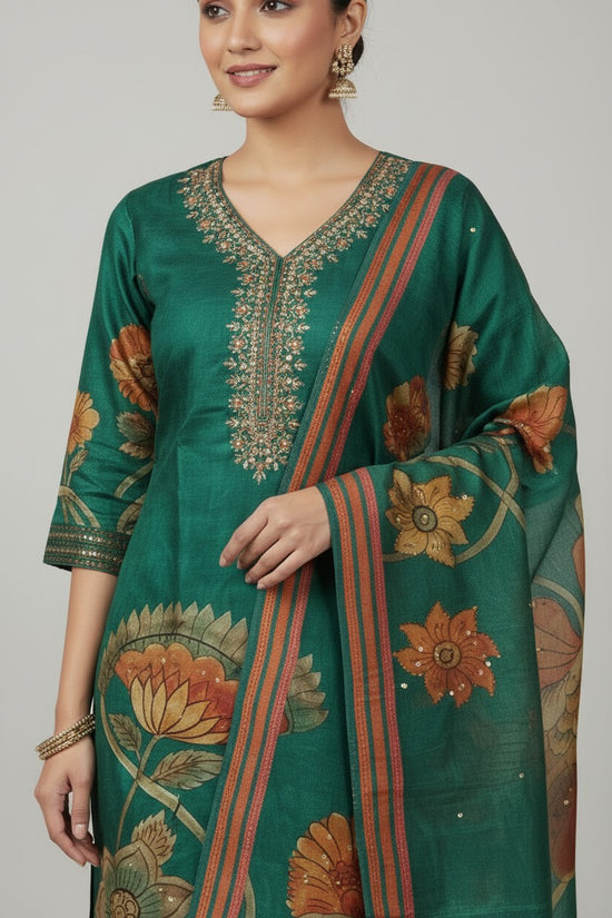 Contemporary Dola Silk Straight Cut Salwar Suit - Rama Green | Rangoli
