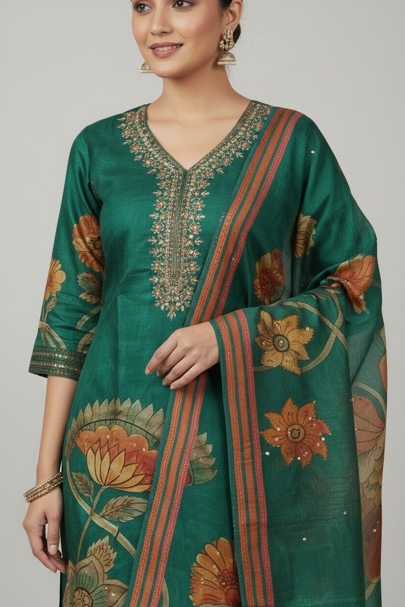 Contemporary Dola Silk Straight Cut Salwar Suit - Rama Green | Rangoli