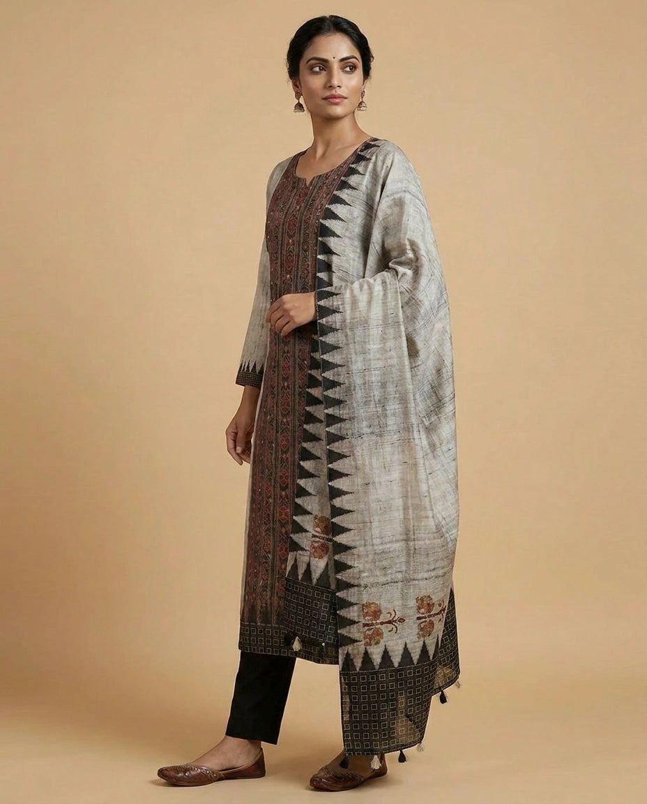 Chanderi Straight Salwar Suit Set with Ethnic Work Detail view 2