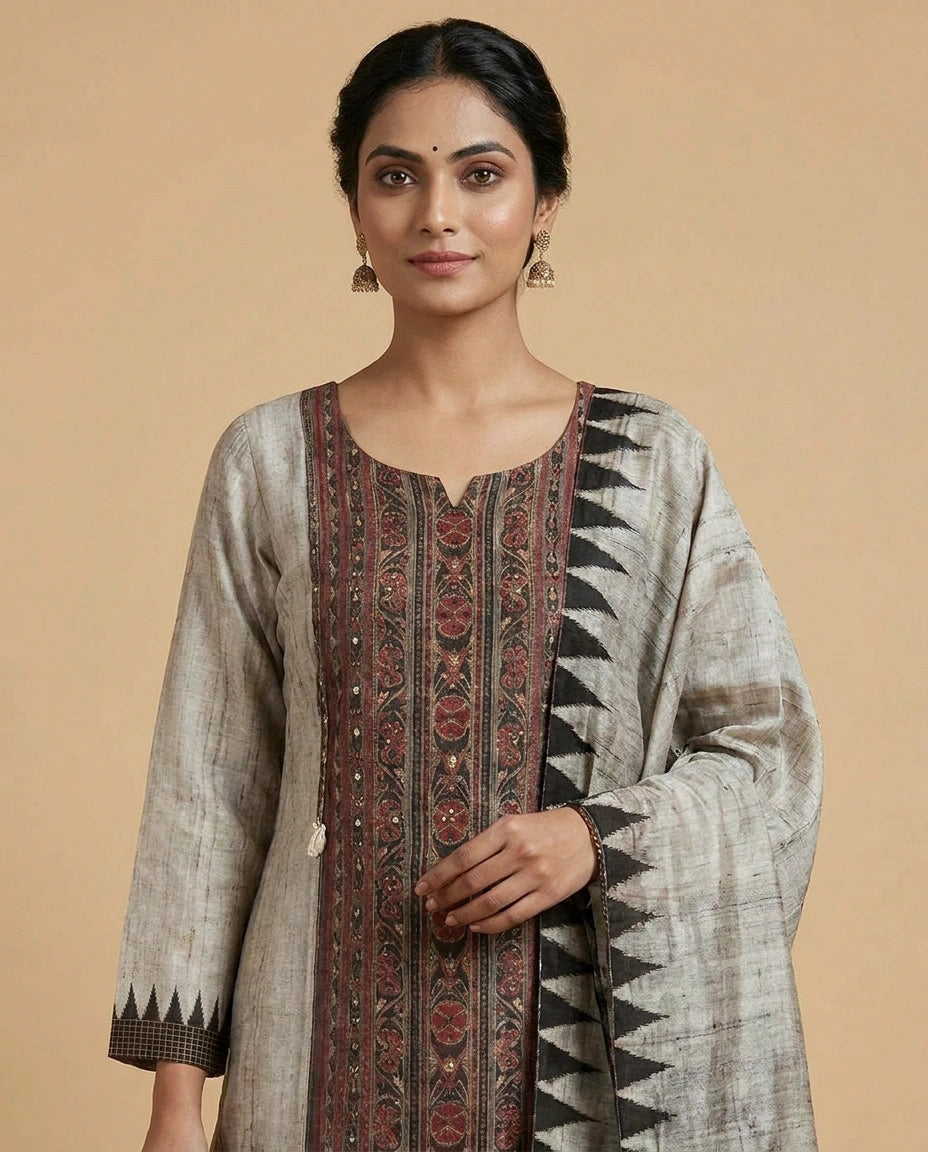 Chanderi Straight Salwar Suit Set with Ethnic Work Detail view 4