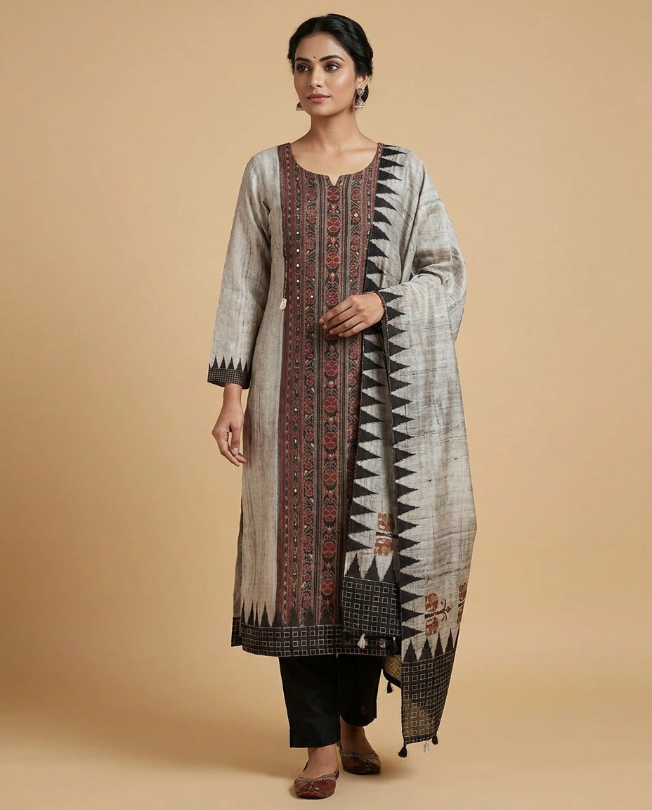 Beige/Black Chanderi Straight Salwar Suit Set with Ethnic Work Detail