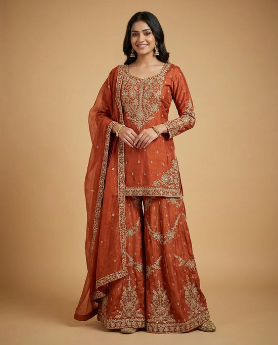 Rust Chinon Sharara Suit with Floral Thread Work