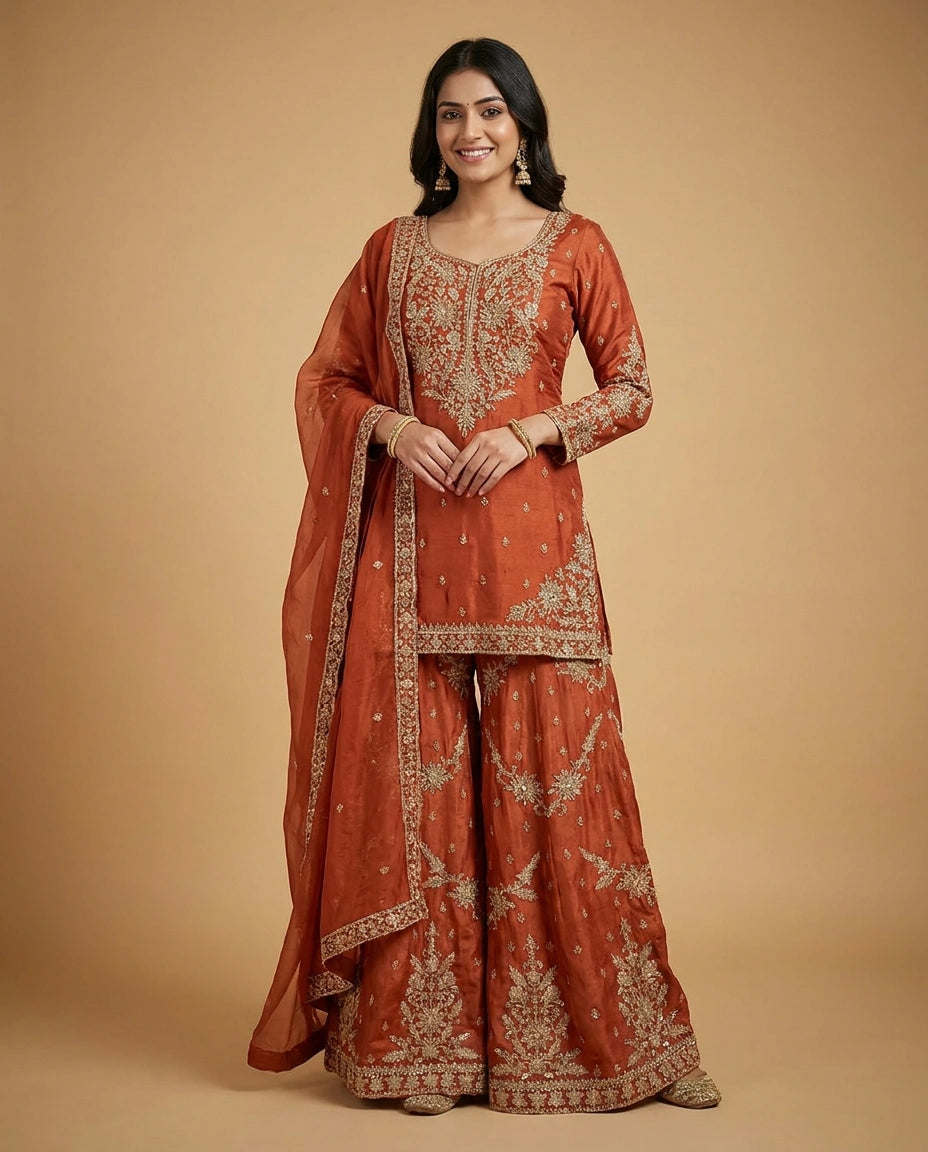 Chinon Silk Sharara Suit with Floral Thread Work Online India - Rangoli India