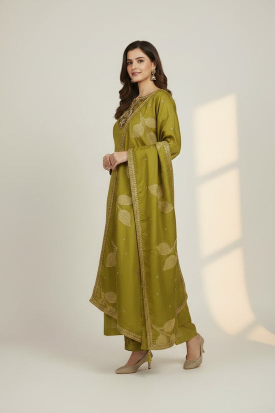 Contemporary Crepe Silk Straight Cut Salwar Suit - Pista Green | Rangoli