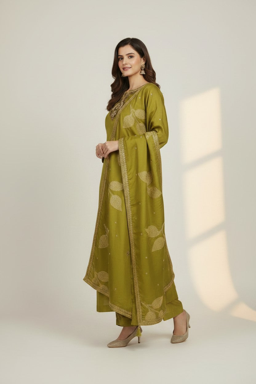 Contemporary Crepe Silk Straight Cut Salwar Suit - Pista Green | Rangoli