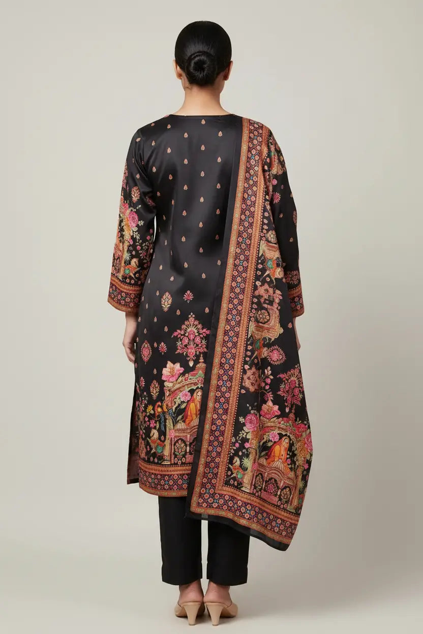 Woman wearing a black traditional outfit with floral patterns on a plain background