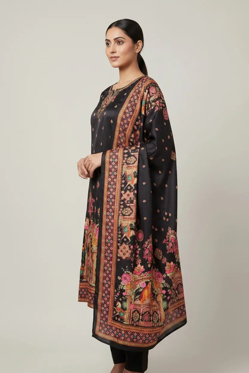 Woman wearing a black kurta with a colorful dupatta on a plain background
