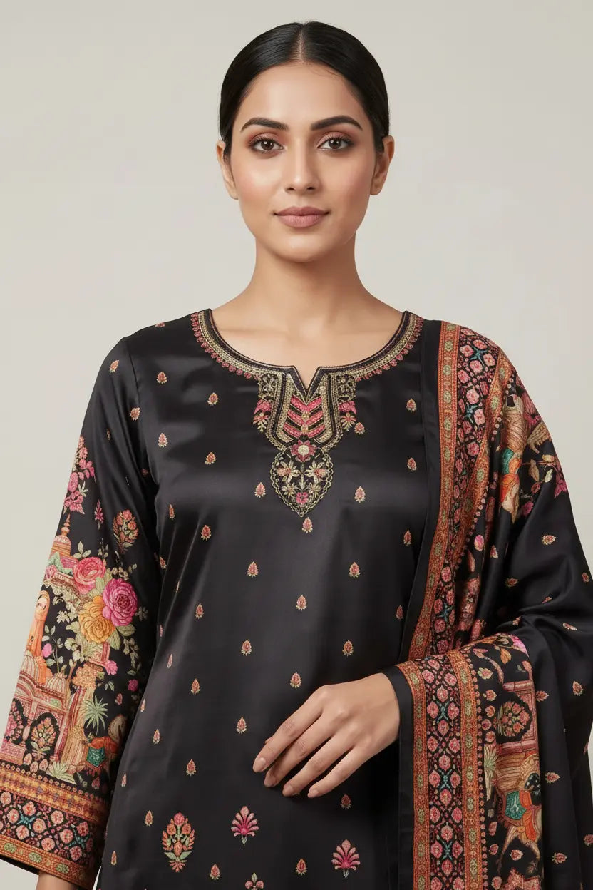 Woman wearing a black embroidered traditional outfit with colorful patterns on a plain background