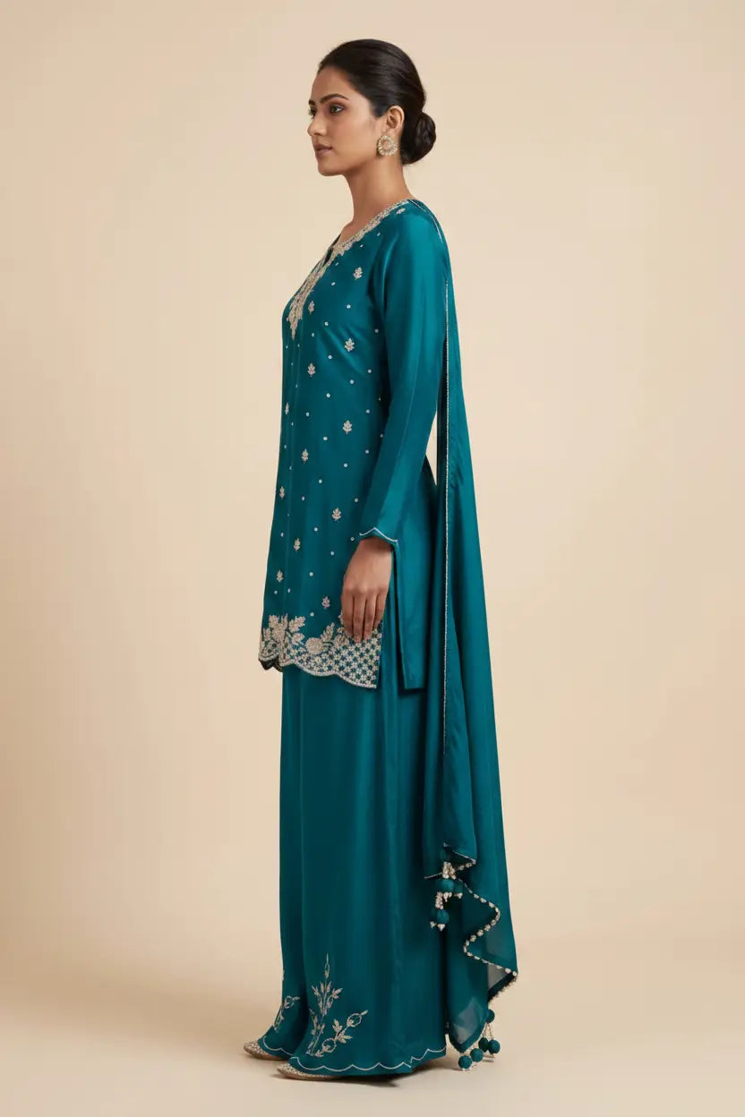 Woman wearing a teal traditional outfit with a matching dupatta on a beige background