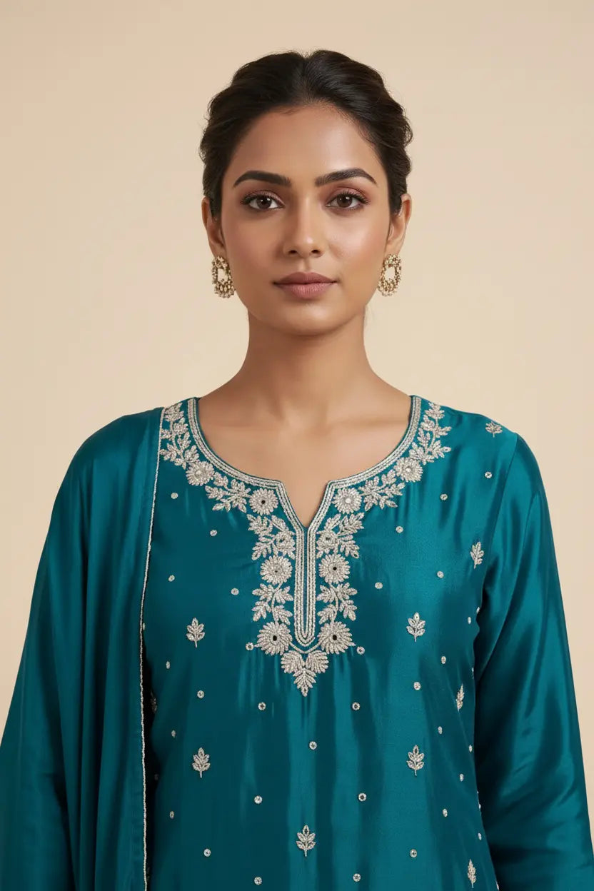 Woman wearing a teal embroidered dress against a beige background