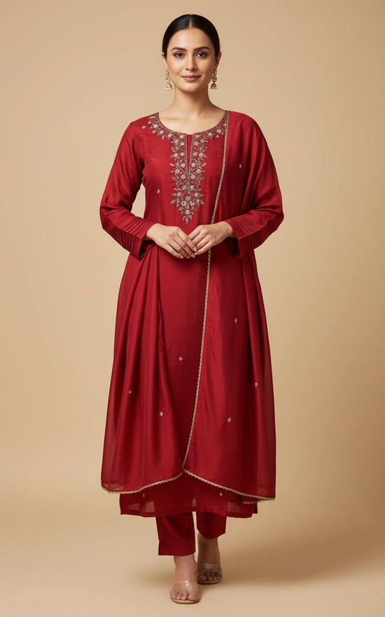 Rust Fandy Satin Straight Salwar Suit with Dupatta for Women