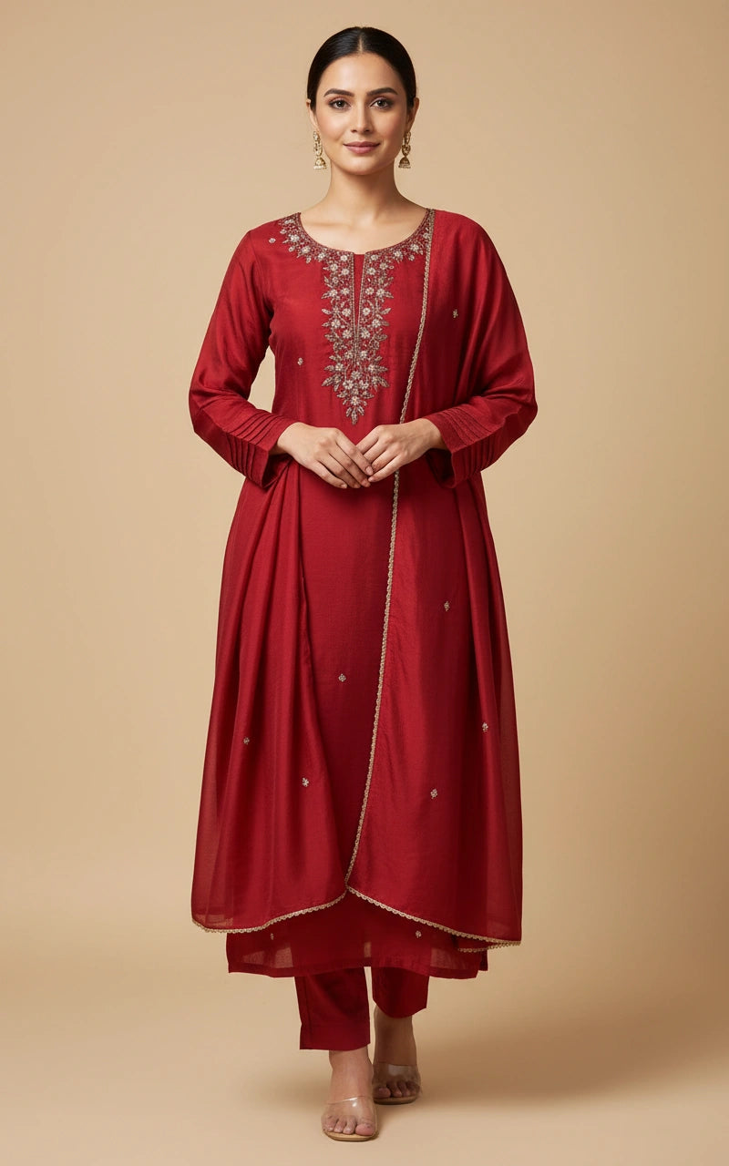 Rust Fandy Satin Straight Salwar Suit with Dupatta for Women