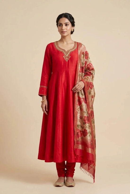 Rani Dola Silk Anarkali Suit with Zardozi Neck and Floral Print Dupatta - Rangoli India