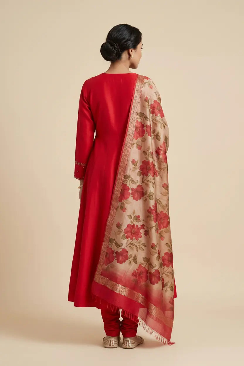 Woman wearing a red outfit with a floral dupatta on a beige background