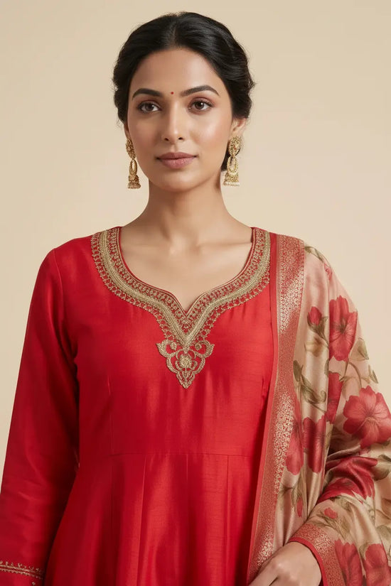 Rani Dola Silk Anarkali Suit with Zardozi Neck and Floral Print Dupatta - Rangoli India