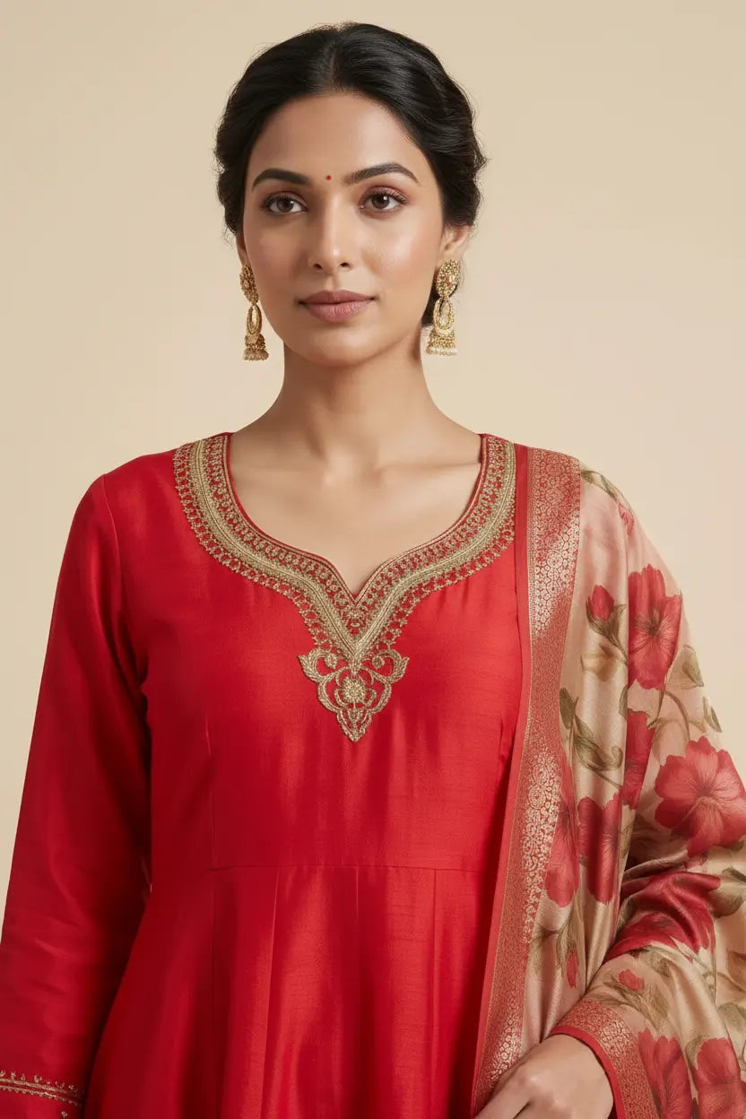 Woman wearing a red embroidered dress with a floral shawl on a beige background