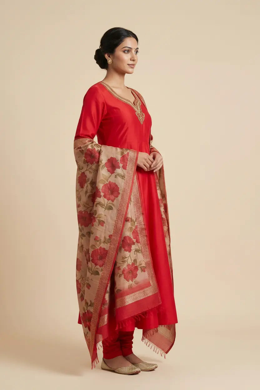 Woman wearing a red outfit with a floral dupatta on a beige background