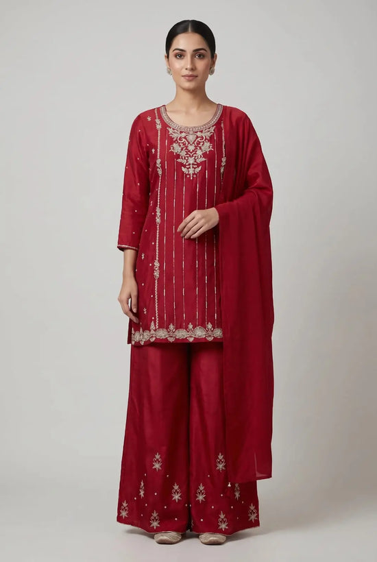 Red Chinon Palazzo Suit with Zardozi Neck and Sequin Stripe Embroidery - Rangoli India