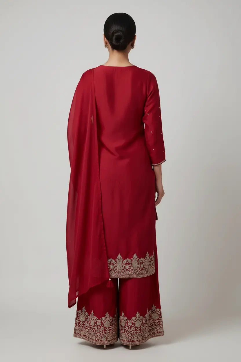 Red traditional outfit with embroidered details on a plain background