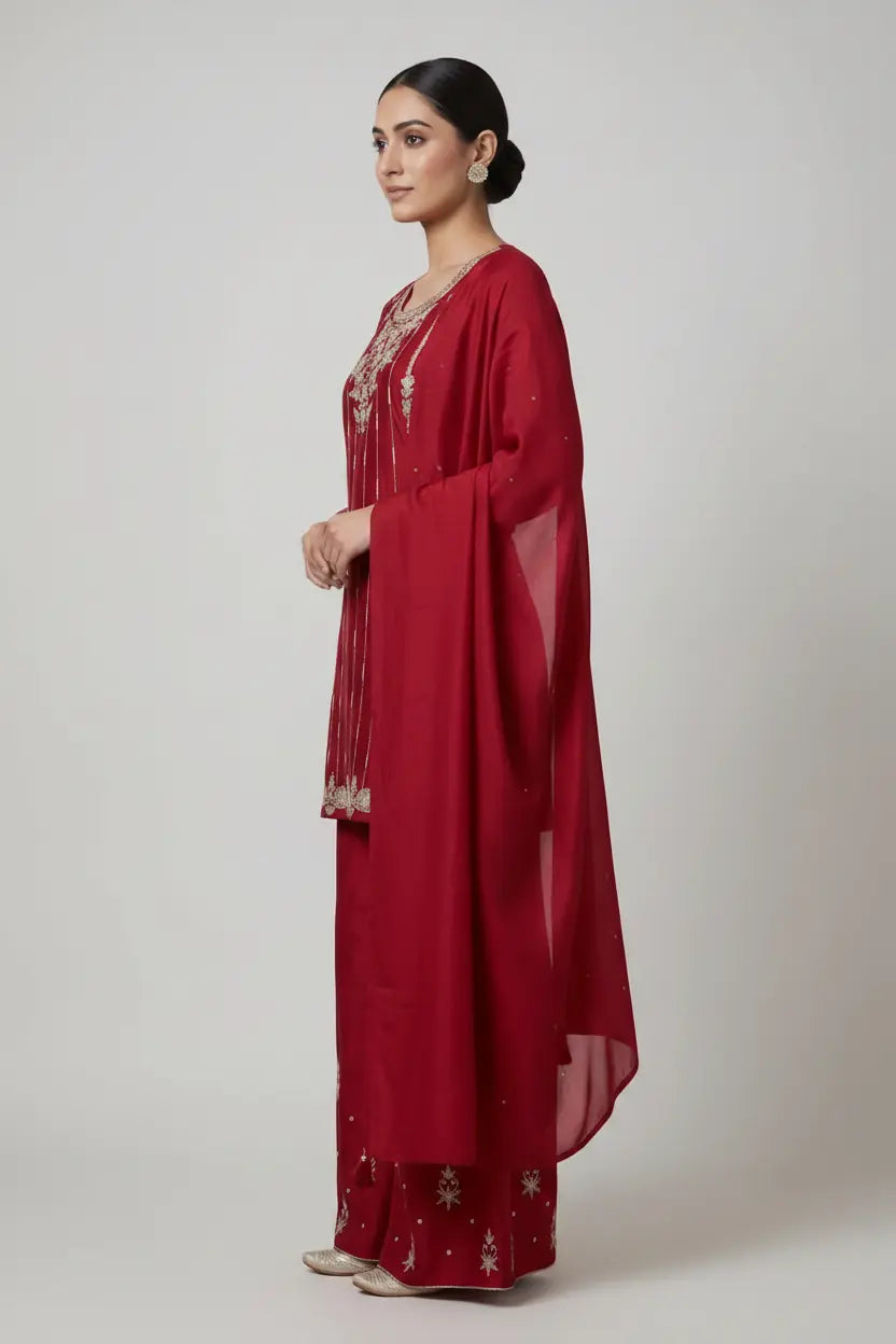 Woman wearing a red traditional outfit with embroidery on a plain background